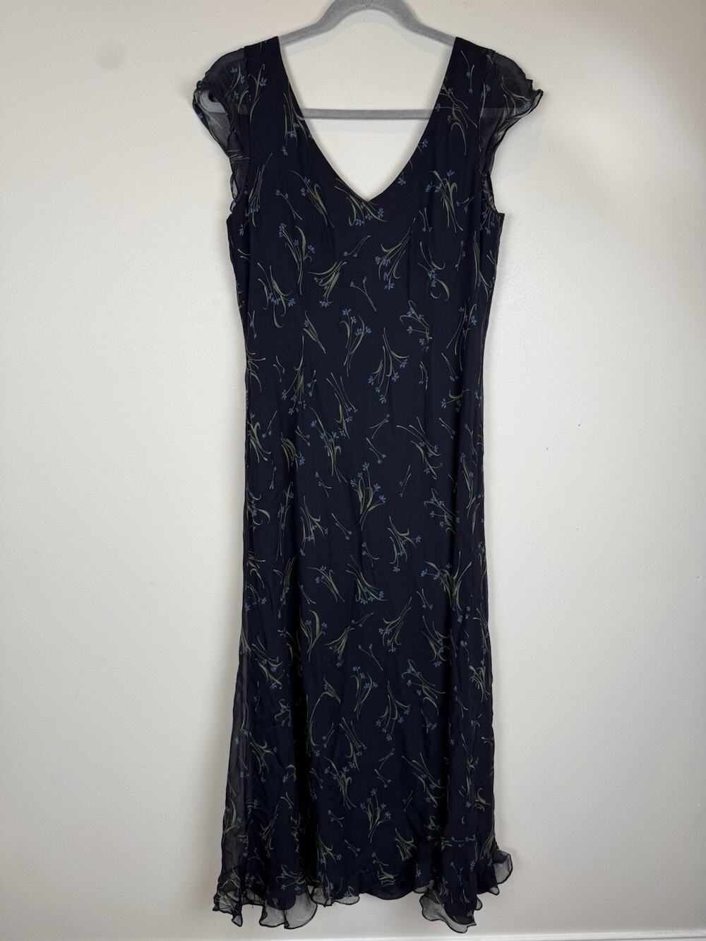 Dana Buchman 100% Silk Navy Blue Dress Long Maxi Floral Lined Cap Sleeve 10 READ